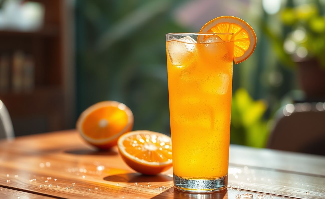Copo alto de vidro com Suco Tang laranja gelado, decorado com rodelas de laranja e gelo, condensação na superfície mostrando que está refrescante